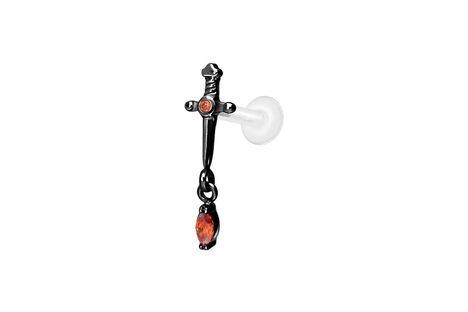 PTFE Labret Piercing mit Innengewinde + Titan-Aufsatz DOLCH + KRISTALLTROPFEN